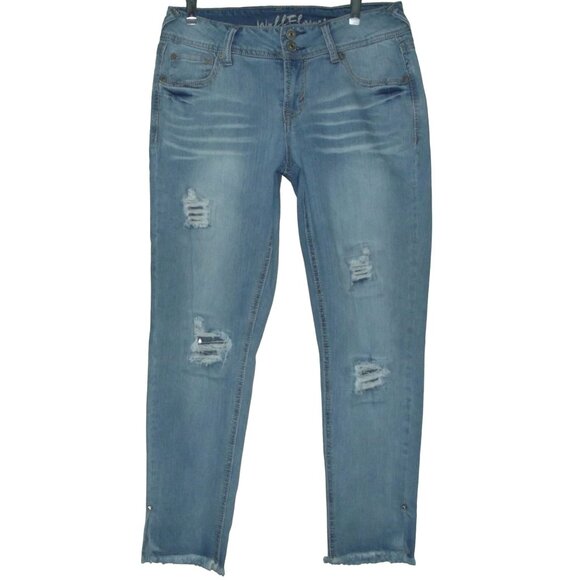 Wallflower Skinny Crop Jeans 9 Mid Rise Skinny Light Blue Embroidered Pockets - Picture 1 of 11